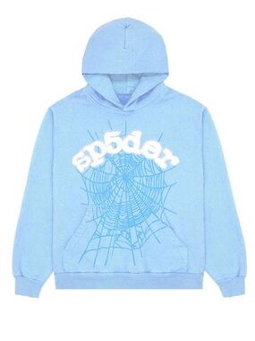Light Blue Crewneck Hoodie with Spider Web Graphic - Men's Sweater